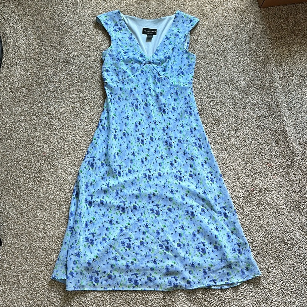 🌸 Connected Apparel Blue Floral Midi Dress Ruched Bust Y2K Style Size 10